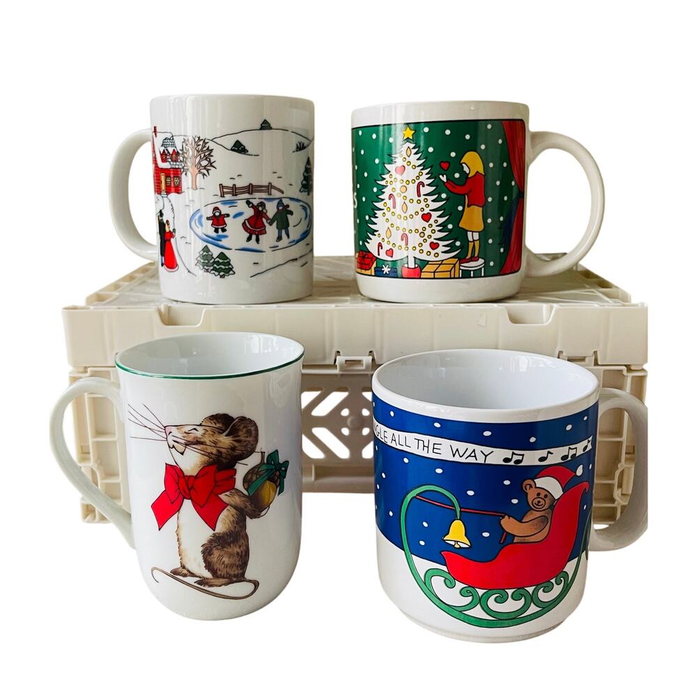 Vintage lot of 4 Whimsical Colorful Christmas Ceramic Mugs